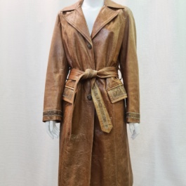 Trench-Coat en Cuir Marron avec Détails Peau de Serpent