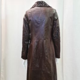 Manteau Long en Cuir Marron Foncé avec Motif Feuilles en Velours