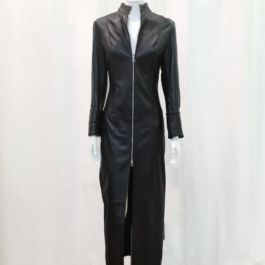 Manteau-Robe en Cuir Noir avec Fermeture Éclair Métallique